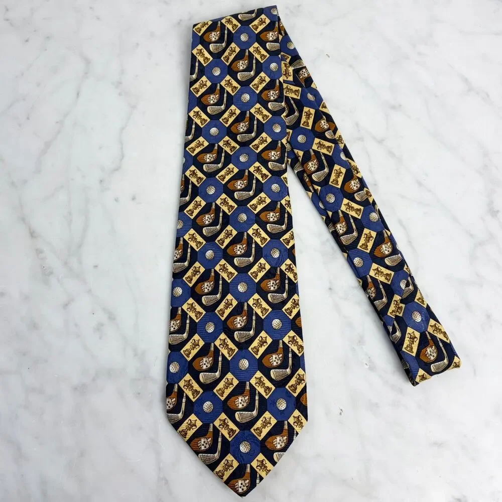 Robert Talbott Silk Tie Golf Trophy Clubs Balls Blue Gold Brown Made in USA